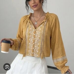 American Eagle Outfitters Yellow Embroidered Blouse